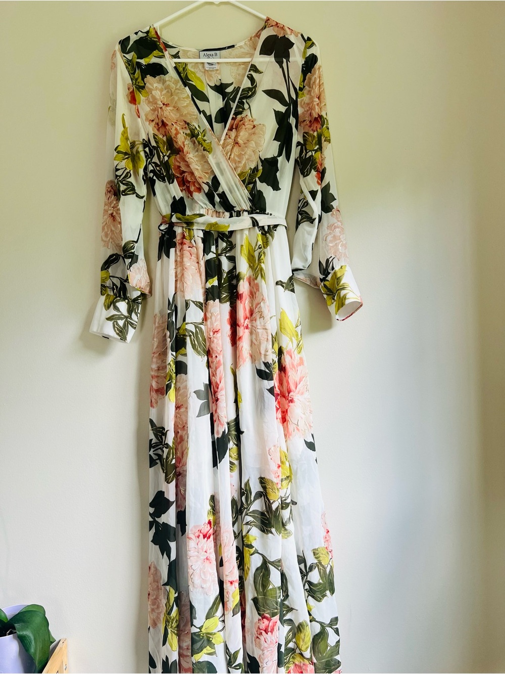 Floral Wrap Maxi Dress in Cream with Pink & Green